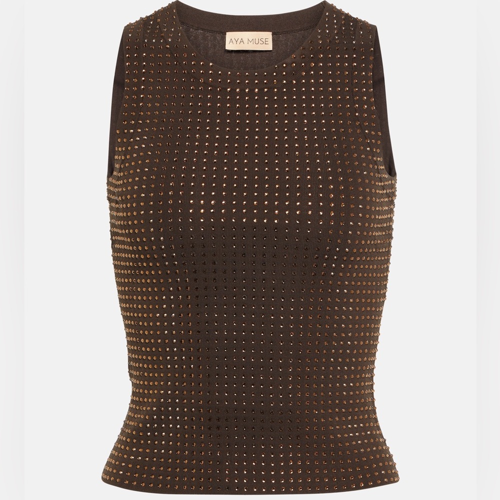 AYA MUSE Mela embellished tank top chocolate brown sparkly rhinestone glitter